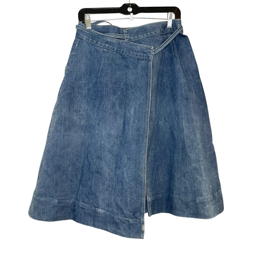Vintage 70s GAP Denim Jean Wrap Tie Midi Skirt Pockets Retro Boho Hippie Size L - Picture 2 of 4